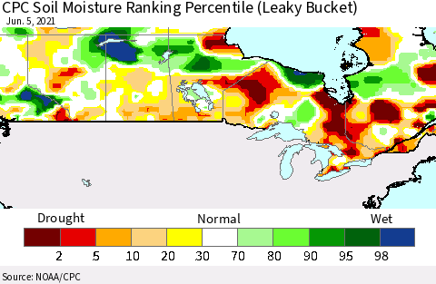 Canada CPC Soil Moisture Ranking Percentile (Leaky Bucket) Thematic Map For 6/1/2021 - 6/5/2021