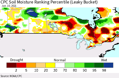 Canada CPC Soil Moisture Ranking Percentile (Leaky Bucket) Thematic Map For 6/6/2021 - 6/10/2021