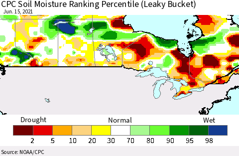 Canada CPC Soil Moisture Ranking Percentile (Leaky Bucket) Thematic Map For 6/11/2021 - 6/15/2021