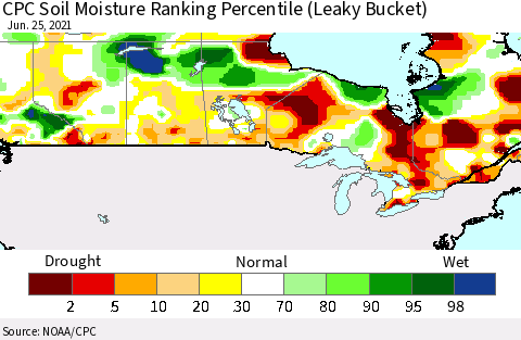 Canada CPC Soil Moisture Ranking Percentile (Leaky Bucket) Thematic Map For 6/21/2021 - 6/25/2021