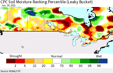 Canada CPC Soil Moisture Ranking Percentile (Leaky Bucket) Thematic Map For 6/26/2021 - 6/30/2021