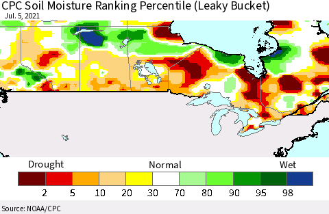 Canada CPC Soil Moisture Ranking Percentile (Leaky Bucket) Thematic Map For 7/1/2021 - 7/5/2021
