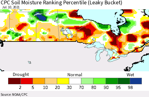 Canada CPC Soil Moisture Ranking Percentile (Leaky Bucket) Thematic Map For 7/6/2021 - 7/10/2021