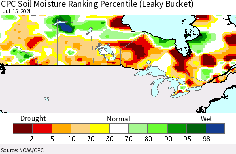 Canada CPC Soil Moisture Ranking Percentile (Leaky Bucket) Thematic Map For 7/11/2021 - 7/15/2021