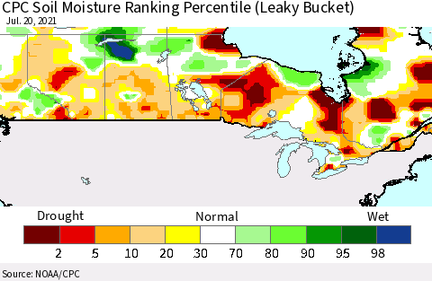 Canada CPC Soil Moisture Ranking Percentile (Leaky Bucket) Thematic Map For 7/16/2021 - 7/20/2021