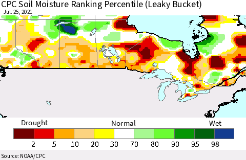 Canada CPC Soil Moisture Ranking Percentile (Leaky Bucket) Thematic Map For 7/21/2021 - 7/25/2021
