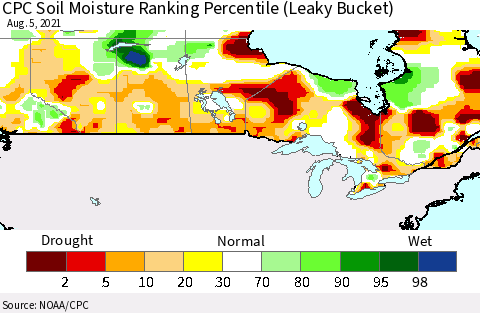 Canada CPC Soil Moisture Ranking Percentile (Leaky Bucket) Thematic Map For 8/1/2021 - 8/5/2021
