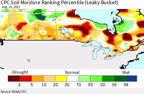 Canada CPC Soil Moisture Ranking Percentile (Leaky Bucket) Thematic Map For 8/6/2021 - 8/10/2021