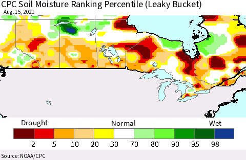 Canada CPC Soil Moisture Ranking Percentile (Leaky Bucket) Thematic Map For 8/11/2021 - 8/15/2021