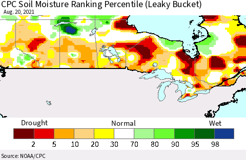 Canada CPC Soil Moisture Ranking Percentile (Leaky Bucket) Thematic Map For 8/16/2021 - 8/20/2021