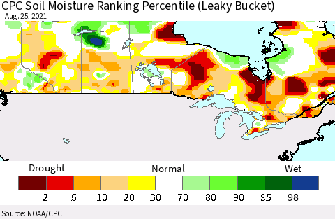 Canada CPC Soil Moisture Ranking Percentile (Leaky Bucket) Thematic Map For 8/21/2021 - 8/25/2021