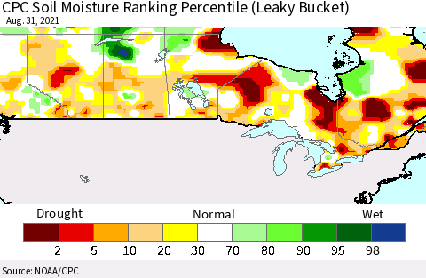 Canada CPC Soil Moisture Ranking Percentile (Leaky Bucket) Thematic Map For 8/26/2021 - 8/31/2021