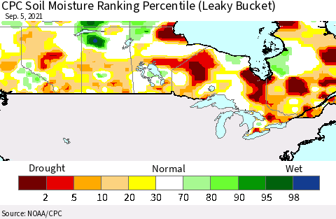 Canada CPC Soil Moisture Ranking Percentile (Leaky Bucket) Thematic Map For 9/1/2021 - 9/5/2021