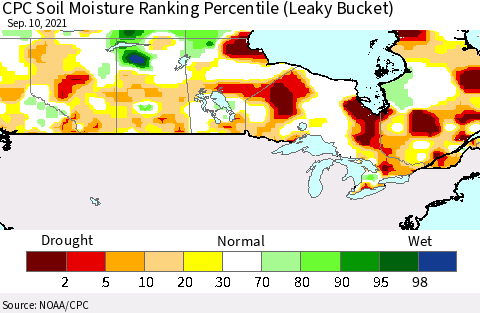 Canada CPC Soil Moisture Ranking Percentile (Leaky Bucket) Thematic Map For 9/6/2021 - 9/10/2021