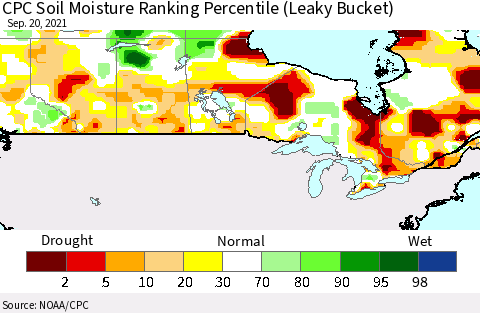 Canada CPC Soil Moisture Ranking Percentile (Leaky Bucket) Thematic Map For 9/16/2021 - 9/20/2021