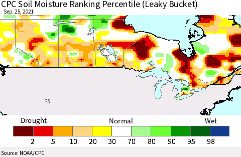 Canada CPC Soil Moisture Ranking Percentile (Leaky Bucket) Thematic Map For 9/21/2021 - 9/25/2021