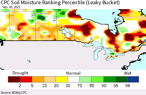 Canada CPC Soil Moisture Ranking Percentile (Leaky Bucket) Thematic Map For 9/26/2021 - 9/30/2021