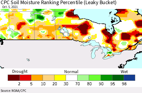 Canada CPC Soil Moisture Ranking Percentile (Leaky Bucket) Thematic Map For 10/1/2021 - 10/5/2021