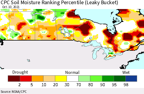 Canada CPC Soil Moisture Ranking Percentile (Leaky Bucket) Thematic Map For 10/6/2021 - 10/10/2021