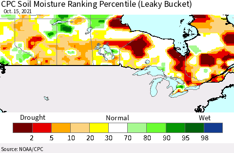 Canada CPC Soil Moisture Ranking Percentile (Leaky Bucket) Thematic Map For 10/11/2021 - 10/15/2021