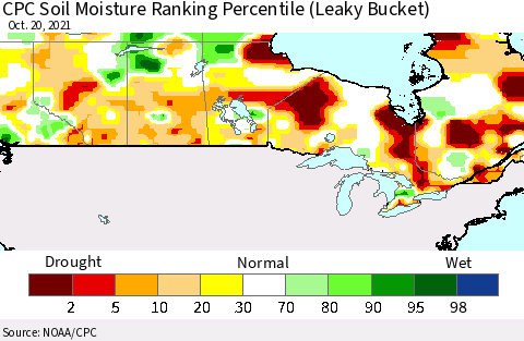 Canada CPC Soil Moisture Ranking Percentile (Leaky Bucket) Thematic Map For 10/16/2021 - 10/20/2021