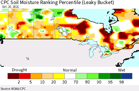 Canada CPC Soil Moisture Ranking Percentile (Leaky Bucket) Thematic Map For 10/21/2021 - 10/25/2021