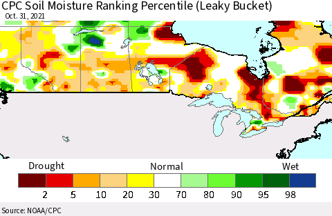 Canada CPC Soil Moisture Ranking Percentile (Leaky Bucket) Thematic Map For 10/26/2021 - 10/31/2021