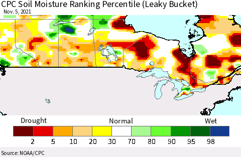 Canada CPC Soil Moisture Ranking Percentile (Leaky Bucket) Thematic Map For 11/1/2021 - 11/5/2021