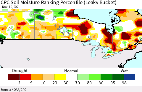 Canada CPC Soil Moisture Ranking Percentile (Leaky Bucket) Thematic Map For 11/6/2021 - 11/10/2021