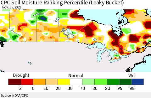 Canada CPC Soil Moisture Ranking Percentile (Leaky Bucket) Thematic Map For 11/11/2021 - 11/15/2021