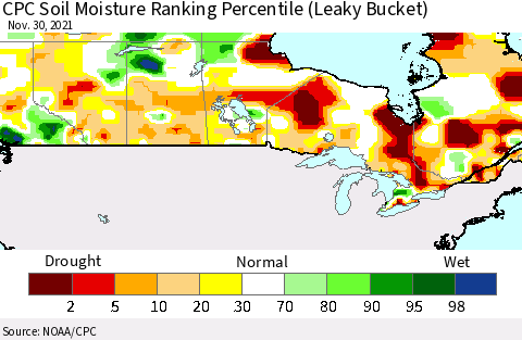 Canada CPC Soil Moisture Ranking Percentile (Leaky Bucket) Thematic Map For 11/26/2021 - 11/30/2021