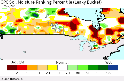 Canada CPC Soil Moisture Ranking Percentile (Leaky Bucket) Thematic Map For 12/1/2021 - 12/5/2021