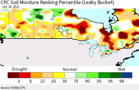 Canada CPC Soil Moisture Ranking Percentile (Leaky Bucket) Thematic Map For 1/16/2022 - 1/20/2022