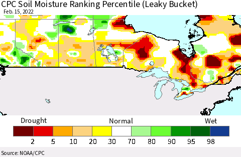 Canada CPC Soil Moisture Ranking Percentile (Leaky Bucket) Thematic Map For 2/11/2022 - 2/15/2022