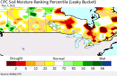 Canada CPC Soil Moisture Ranking Percentile (Leaky Bucket) Thematic Map For 3/1/2022 - 3/5/2022