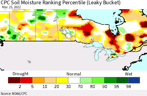 Canada CPC Soil Moisture Ranking Percentile (Leaky Bucket) Thematic Map For 3/21/2022 - 3/25/2022