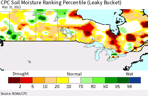 Canada CPC Soil Moisture Ranking Percentile (Leaky Bucket) Thematic Map For 3/26/2022 - 3/31/2022
