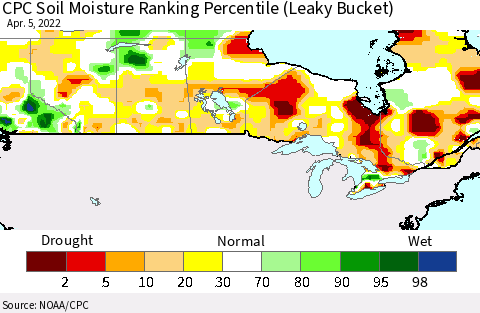 Canada CPC Soil Moisture Ranking Percentile (Leaky Bucket) Thematic Map For 4/1/2022 - 4/5/2022