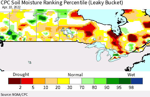Canada CPC Soil Moisture Ranking Percentile (Leaky Bucket) Thematic Map For 4/6/2022 - 4/10/2022