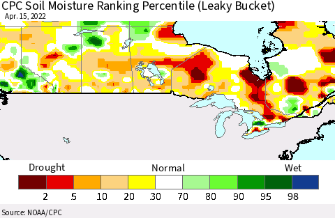 Canada CPC Soil Moisture Ranking Percentile (Leaky Bucket) Thematic Map For 4/11/2022 - 4/15/2022