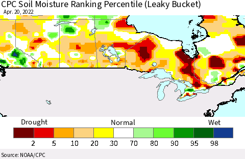 Canada CPC Soil Moisture Ranking Percentile (Leaky Bucket) Thematic Map For 4/16/2022 - 4/20/2022