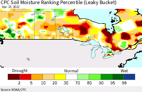 Canada CPC Soil Moisture Ranking Percentile (Leaky Bucket) Thematic Map For 4/21/2022 - 4/25/2022