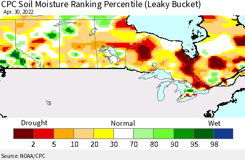 Canada CPC Soil Moisture Ranking Percentile (Leaky Bucket) Thematic Map For 4/26/2022 - 4/30/2022