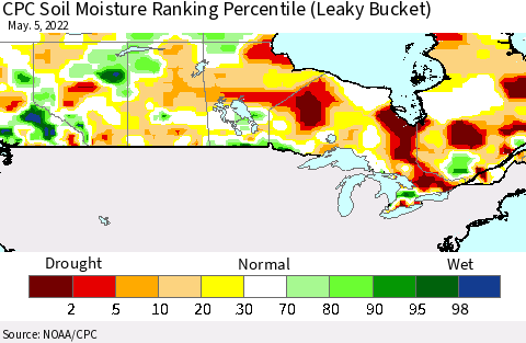 Canada CPC Soil Moisture Ranking Percentile (Leaky Bucket) Thematic Map For 5/1/2022 - 5/5/2022