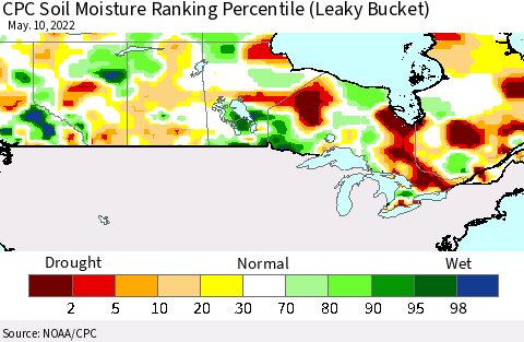 Canada CPC Soil Moisture Ranking Percentile (Leaky Bucket) Thematic Map For 5/6/2022 - 5/10/2022