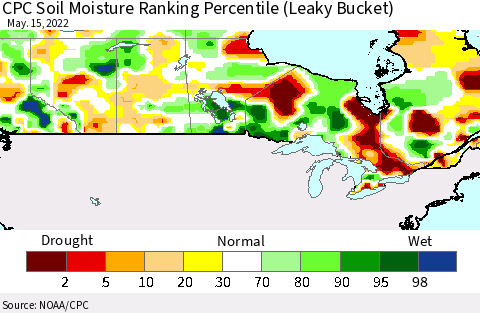 Canada CPC Soil Moisture Ranking Percentile (Leaky Bucket) Thematic Map For 5/11/2022 - 5/15/2022