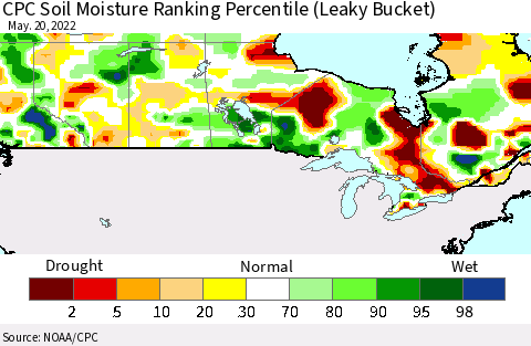 Canada CPC Soil Moisture Ranking Percentile (Leaky Bucket) Thematic Map For 5/16/2022 - 5/20/2022