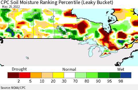 Canada CPC Soil Moisture Ranking Percentile (Leaky Bucket) Thematic Map For 5/21/2022 - 5/25/2022