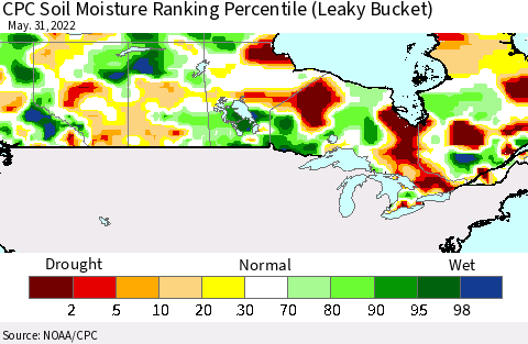 Canada CPC Soil Moisture Ranking Percentile (Leaky Bucket) Thematic Map For 5/26/2022 - 5/31/2022