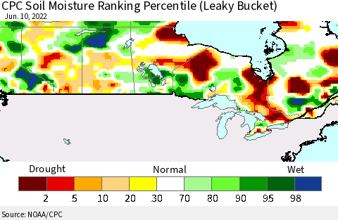 Canada CPC Soil Moisture Ranking Percentile (Leaky Bucket) Thematic Map For 6/6/2022 - 6/10/2022